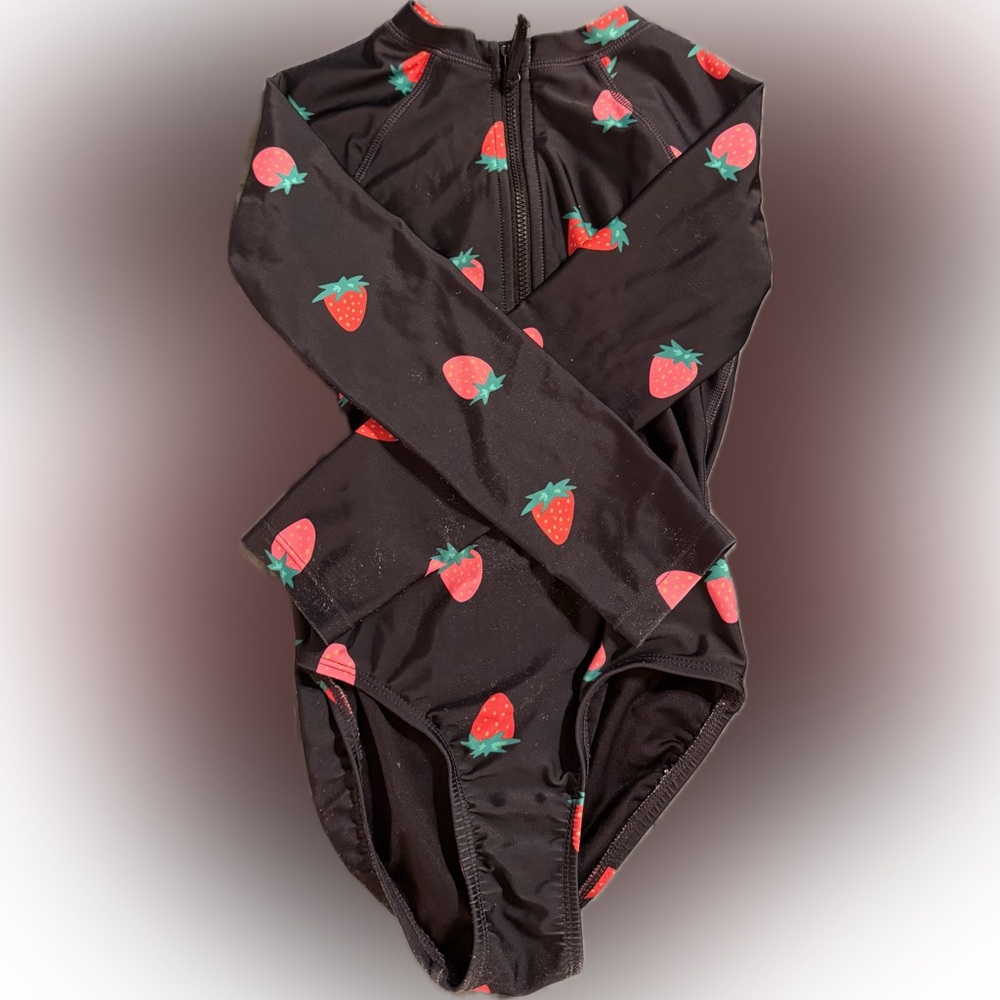Old Navy Black Long-Sleeve Strawberry One-Piece Swimsuit